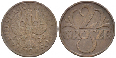 ПОЛЬША 2 ГРОША 1934 w KM 9а бронза XF 112-1146