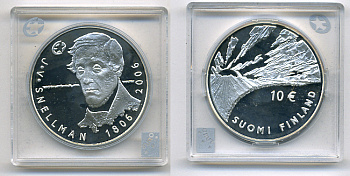 Финляндия 10 евро 2006 200 лет со дня рождения Йохана Снелльмана, философ KM 124 серебро PROOF 11-148-24