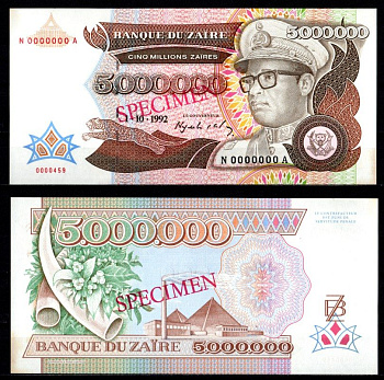 Заир 5000000 заиров 1992 Мобуту Сесе Секо в военной форме, завод. Образец, Specimen Pick 46 бумага UNC (пресс) 451-1102-3