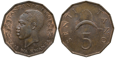 Танзания 5 центов 1966 тунец KM 1 бронза 4577-1131