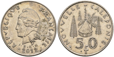 Французская Новая Каледония 50 франков 2012 хижина среди сосен и пальм, (IEOM) KM 13a, Schoen 15a, Lec 128i медно-никель 4111-1025