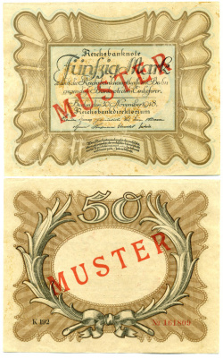 Германия 50 марок 1918 MUSTER, образец, диагональная красная надпечатка Pick 65, Ros. 57b бумага 451-91-1