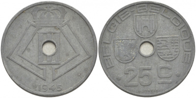 БЕЛЬГИЯ 25 САНТИМОВ 1945 BELGIE-BELGIQUE KM 132 цинк 3996-722