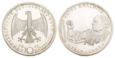 ФРГ 10 марок 1992 G, 125 лет со дня рождения Кете Кольвиц KM 178 серебро UNC 4634-1026