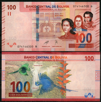 Боливия 100 боливиано 1986 (2018-2019) Хуана Асурдуй де Падилья, Алехо Калатаюд и Антонио Хосе Сукре, без названия типографии Pick 251 (2-1)  бумага  UNC (пресс) 7201-42-1