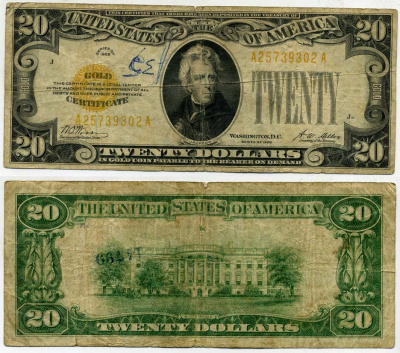 США 20 долларов 1928 J, золотой сертификат Pick 401 бумага 000-00-00