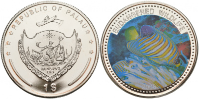 Палау 1 доллар 2008 серия вымирающие виды, рыба королевский ангел, цветная эмаль KM 166 медно-никель PROOF 1081-1-22