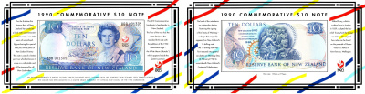 Новая Зеландия 10 долларов 1990 банкнота в оригинальном конверте и информационном холдаре - 150-летие - Мирный договор Вайтанги (1840-1990), префикс ВВВ Pick 176 бумага UNC (пресс) 451-1256-1