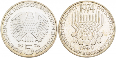 ФРГ 5 марок 1974 F, 25 лет со дня принятия конституции ФРГ KM 138, J.413 серебро PROOF 1087-3-13