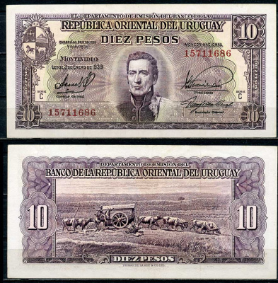 Уругвай 10 песо 1939 Хосе Хервасио Артигас, памятник повозке, Монтевидео, серия C Pick 37 c  бумага 444-101-2-2