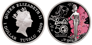 Тувалу 1 доллар 2009 50 лет кукле Барби, эмаль серебро PROOF 8-1-05-02