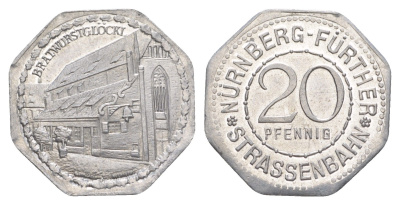 Нюрнберг трамвайный (транспортный) жетон в 20 пфеннигов ND (1920-1921) ремесленный двор Men05 19256.5, Men18 24102.5 алюминий UNC 4638-237