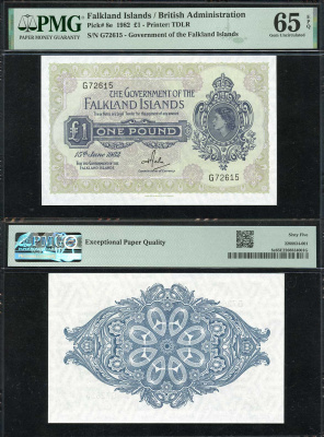 Фолклендские острова 1 фунт 1982 Елизавета II (1952-2022), 15 июня 1982, в слабе PMG 65 Gem Unc Pick 8 e  бумага  UNC (пресс) 452-2-63