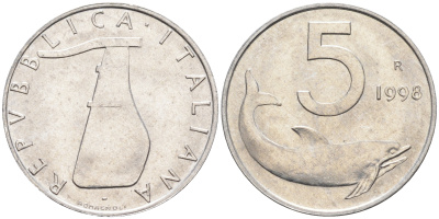 Италия 5 лир 1998 R, дельфин KM 92 алюминий  UNC  4594-936