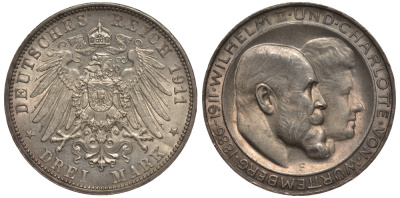 Вюртемберг 3 марки 1911 F, серебрянная свадьба Вильгельма II и Шарлотты Weege 173a, J. 177a, KM 636 серебро UNC 413-4211
