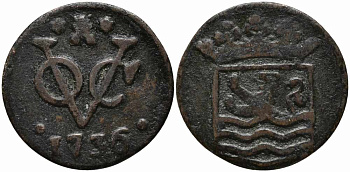 Нидерландская Восточная Индия 1 дуит 1736 монетный двор Зеландия KM 152.2 медь 113-221