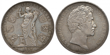 Бавария 2 талера 1837 монетный союз шести южных немецких земель KM 792, AKS 98 b; Dav. 581; Kahnt 102 f; Thun 75 серебро 00-809-16
