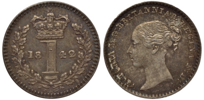 Великобритания 1 пенни 1842 Виктория (1937-1901) KM 727, Spink 3920 серебро PROOFLIKE 1523-1342
