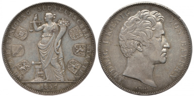 Бавария 2 талера 1837 монетный союз шести южных немецких земель KM 792, AKS 98 b; Dav. 581; Kahnt 102 f; Thun 75 серебро 00-809-16