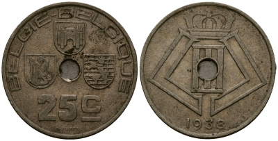 Бельгия 25 сантимов 1938 Belgie - Belgique KM 115 никель латунь 4403-1243