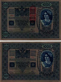 АВСТРИЯ 1000 КРОН 1919 КРАСНАЯ ВЕРТИКАЛЬНАЯ НАДПЕЧАТКА НА 1902 Pick 59 бумага аUNC 8607-5-1