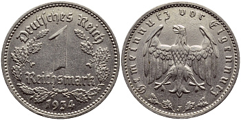 ГЕРМАНИЯ 1 РЕЙХСМАРКА 1934 J КМ 78 J.354 никель 57-116