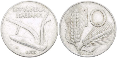 Италия 10 лир 1953 R, плуг, колосья KM 93 алюминий 175-343