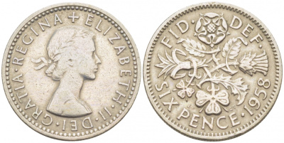 Великобритания 6 пенсов 1958 Елизавета II (1952-2022) KM 903, Spink 4149 медно-никель 3718-249