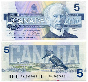 КАНАДА 5 ДОЛЛАРОВ 1986 УИЛФРИД ЛОРЬЕ, ПОДПИСЬ THIESSEN-CROW Pick 95b бумага 7375-26-3-2