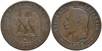 Франция 10 сантимов 1863 BB, Наполеон III (1852-1870) KM 798.2, Le Franc 134.9 бронза 32-934