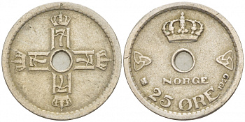 НОРВЕГИЯ 25 ЭРЕ 1929 ХОКОН VII (1905-1957) KM 384 медно-никель VF 3309-762