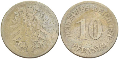 ГЕРМАНИЯ 10 ПФЕННИГОВ 1876 A, СТАРОГЕРБОВКА KM 4, J. 4, Weege 7 медно-никель 261-1224