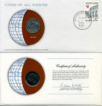 Бельгия 10 франков 1976 конверт с маркой первого дня гашения, Coins of Nations KM 155.1 никель  UNC   4294-42-3