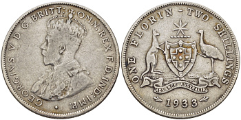 АВСТРАЛИЯ 1 ФЛОРИН 1933 ГЕОРГ V, ГЕРБ АВСТРАЛИИ KM 27 серебро 82-835