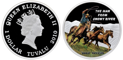 Тувалу 1 доллар 2010 Человек с заснеженной реки, 'Банджо' Патерсон эмаль, коробка, сертификат, тираж 5000 экз., серебро PROOF 6-5-1-27