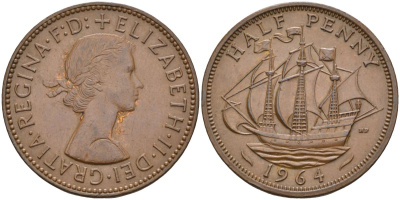Великобритания 1/2 пенни 1964 Елизавета II (1952-2022) KM 896, Spink 4158 бронза 4126-811