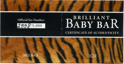 Ниуэ 5 долларов 2011 серия Brilliant baby bar, тигренок, вес 1 гр., тираж 5000 экземпляров, номер 2998, вставка бриллиант, в оригинальной упаковке с сертификатом KM 620 золото  PROOF  1-5-2-02