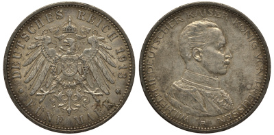 Пруссия 5 марок 1913 Вильгельм II в мундире KM 536, J.114 серебро 3711-425