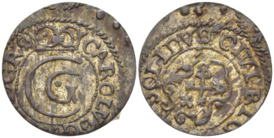 Ливония 1 солид (шелаг, шиллинг) 1654-1660 КАРЛ X ГУСТАВ (1654-1660), ШВЕДСКАЯ ОККУПАЦИЯ, ВЕС 0,54 ГР. KM 50 серебро 1517-1024