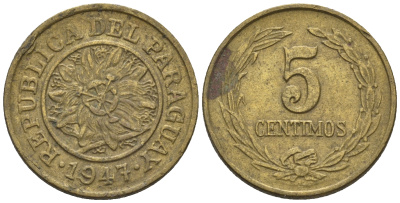 Парагвай 5 сентимо 1947  KM 21 алюминиевая бронза    220-1018