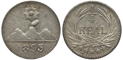 Гватемала 1/4 реала 1895 5 звезд, Испанское правление KM 162 серебро 4549-628