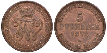 Мекленбург-Шверин 5 пфеннигов 1872 B, Фридрих Франц II (1842-1883) KM 317 (C104), Jaeger 62, AKS 45 медь 1523-921