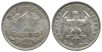 ГЕРМАНИЯ 1 РЕЙХСМАРКА 1934 А KM 78, J. 354 никель 4380-522