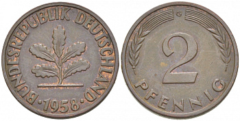 ФРГ 2 ПФЕННИГА 1958 G KM 106, J. 381 бронза 3955-617