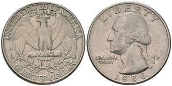 США 25 центов = квотер 1986 P, Вашингтон KM 164a медь плакированная медно-никелем 4595-1127