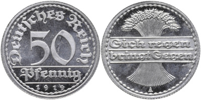 Германия 50 пфеннигов 1919 A KM 27, J. 301 алюминий PROOF 00-817-19