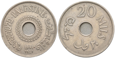 Израиль, Палестина 20 милсов 1941 Британская Администрация (1927-1948), самый редкий год KM 5 медно-никель 00-822-61