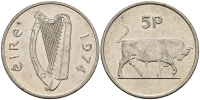 Ирландия 5 пенсов 1974 бык KM 22 медно-никель 4146-525