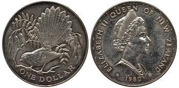 Новая Зеландия 1 доллар 1980 веерохвостка на ветке, Елизавета II (1952-2022) KM 49 медно-никель 4537-133