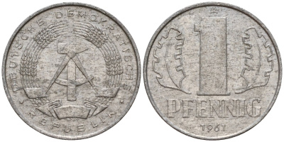 ГДР 1 пфенниг 1961 A KM 8.1 алюминий 39-829